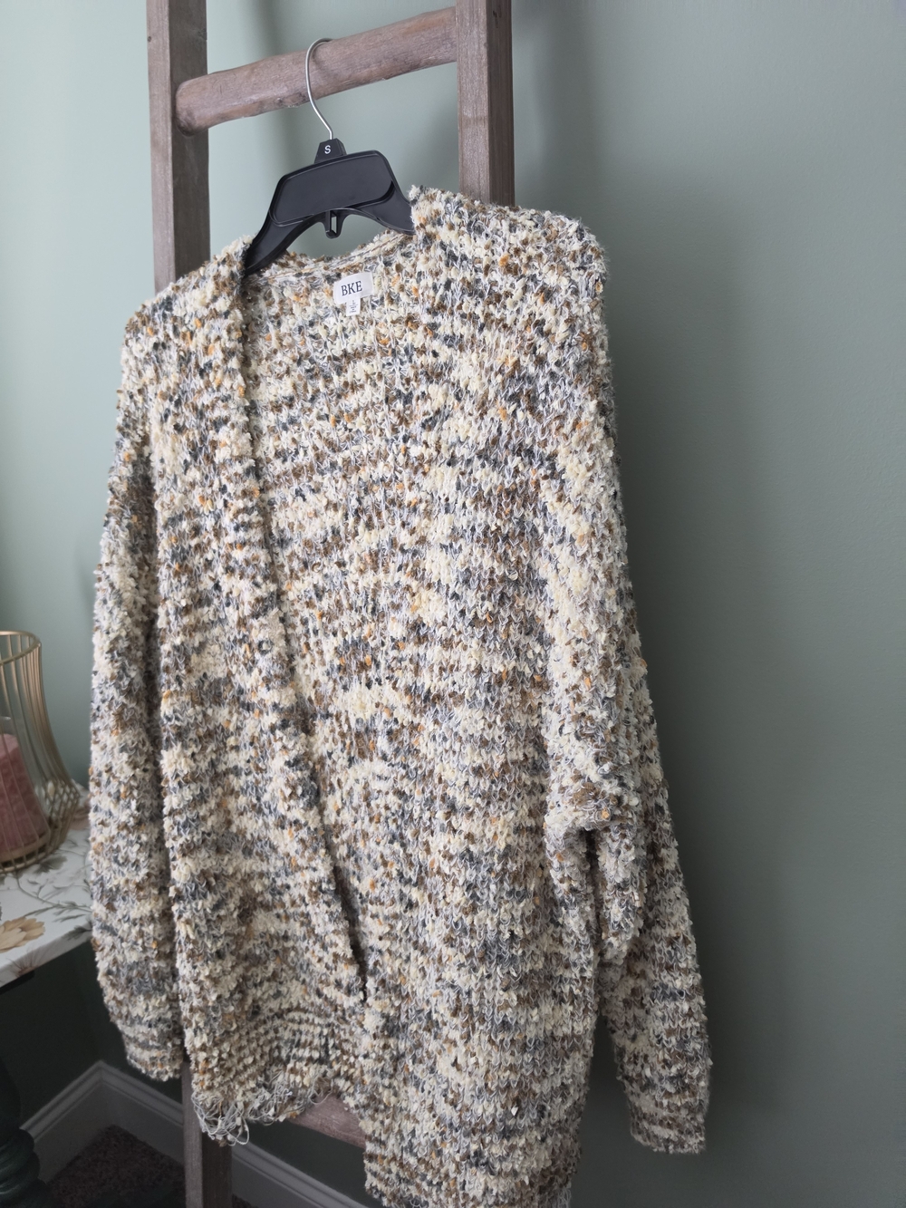 BKE Multicolor Boucle Open-Front Cardigan in Cream, Brown & Gray